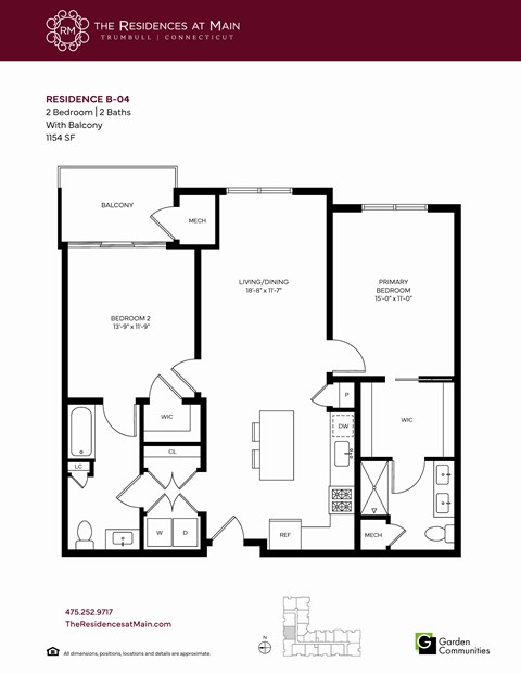 Floor plan for 2 beds, 2 baths, 1154 sqft